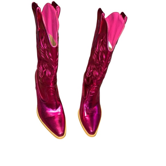 Metallic Pink Mid Calf Cowgirl Boots Embroidery Western Pull on Pointy Toe 7.5 - Picture 2 of 5